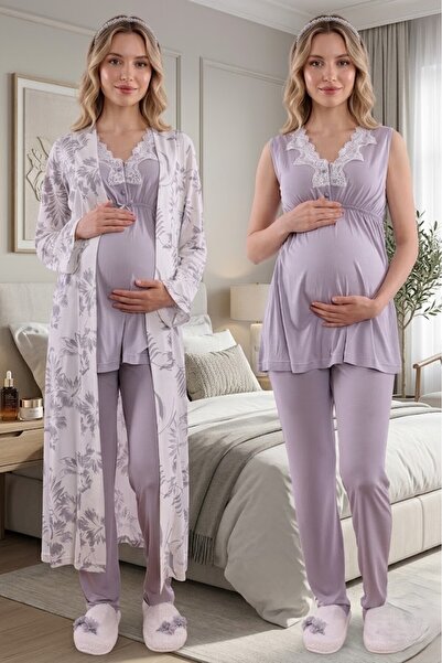 Lohusa Dünyasi Women's Gray Lace Patterned New Season 3-Piece Maternity Pajam...