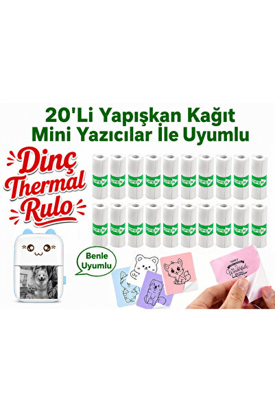 Dinç Thermal Mini Yazıcı ile Uyumlu 20'Li Yapışkanlı Kağıt Sticker Termal Rulo