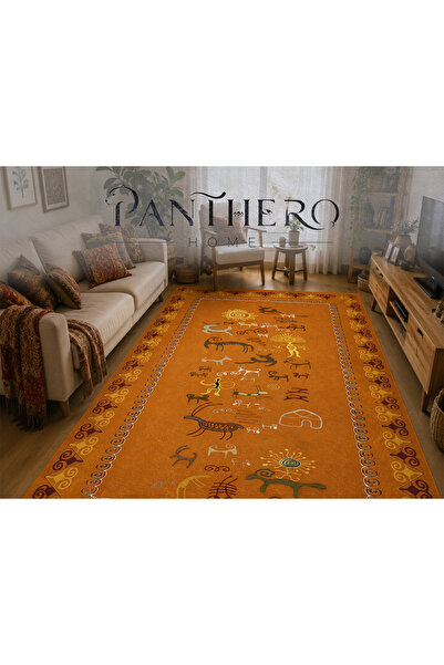 Panthero Home Turuncu Antik Figür Desenli Kaymaz Taban Süngerli Yıkanabilir Halı