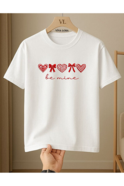 VİVA LORA Red Ribbon Hearts Printed 100% Cotton Crewneck Regular Women's Whit...