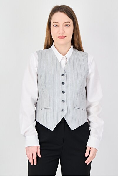 vivere Women Regular Fit Stripe Waistcoat, Light Grey