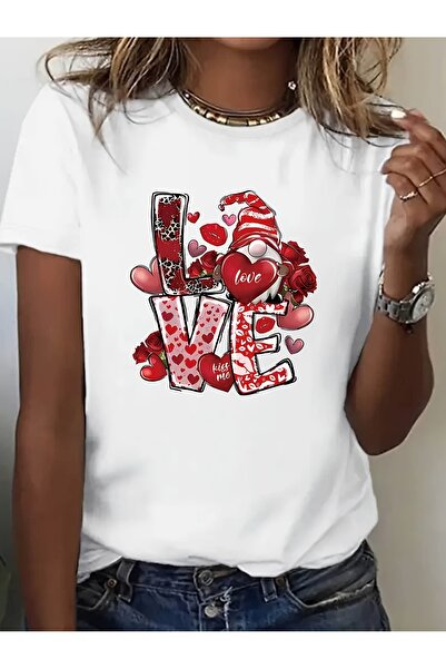 NOURAM Valentine'S Day Heart Pattern Women'S T-Shirt - Festive Red Black Feat...
