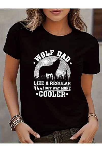 NOURAM تي شيرت نسائي بطباعة "Wolf Dad"، قماش مطاطي، أكمام قصيرة وياقة دائرية،...