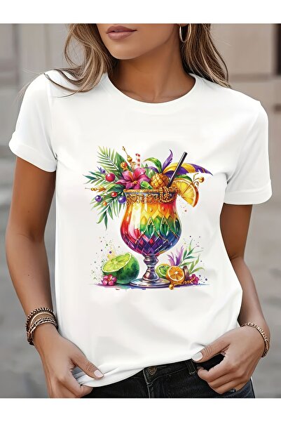 212Wear Women's Short Sleeve T-Shirt - Tropical Cocktail Geometric Print Semi...