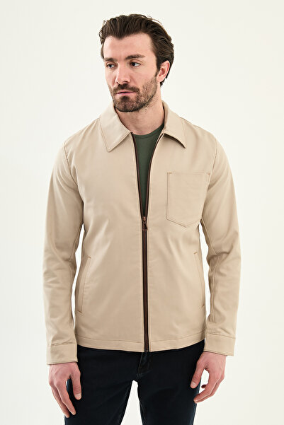 Mcr Straight Slim Fit Shirt Collar Zippered Punto Stitched Men's Coat Beige -...