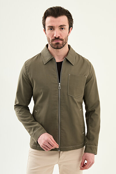 Mcr Straight Slim Fit Shirt Collar Zippered Punto Stitched Men's Coat Khaki -...