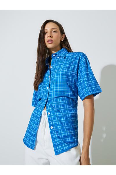 Styli Blue Plaid Short Sleeve Longline Shirt