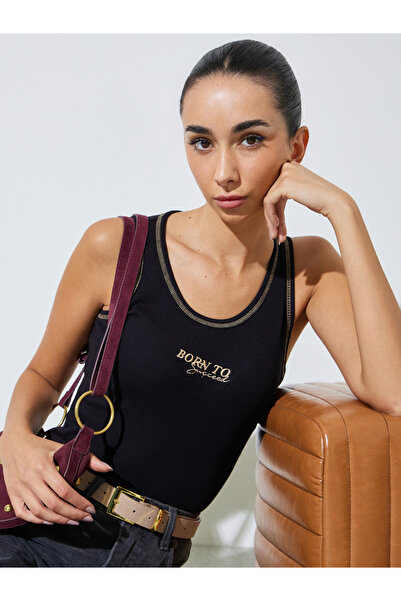 Styli Black Embroidered Ribbed Tank Top