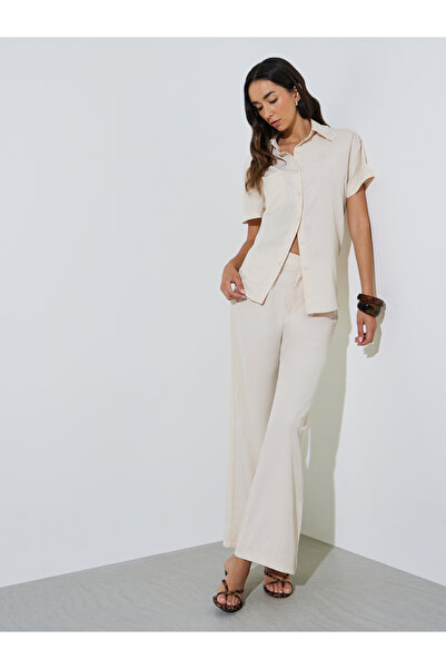 Styli Cream Solid Shirt And Straight Pants Co-Ord Set