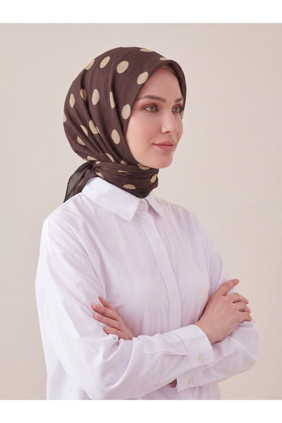 Feyre İpek Puan Desenli Pamuksu Eşarp - Koyu Kahve