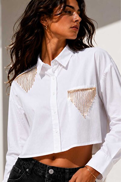Yumey Women's White Stone Tassel Shoulder Detailed Crop Shirt