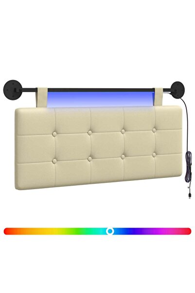 vidaxl Tăblie de pat suspendată Cu lumină LED Crem Piele artificială