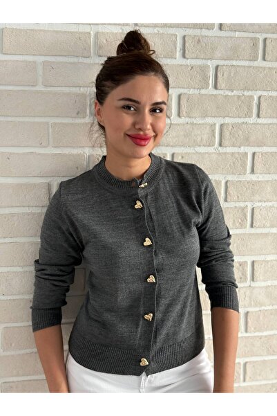 ROKH Women's Seasonal Thin Cardigan Heart Buttoned Heart Mercerized
