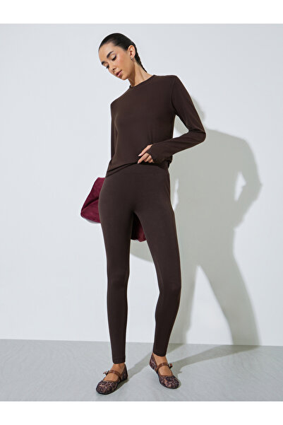 Styli Brown Cotton Lycra Wide Waistband Leggings