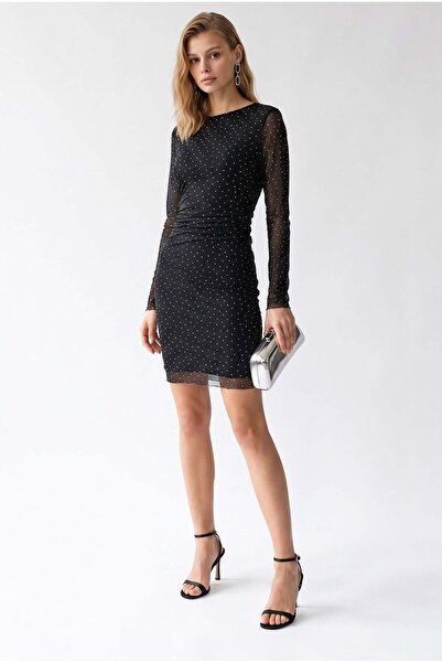 Mixray 2173 Women's Stoned Transparent Tulle Sleeve Mini Dress Black