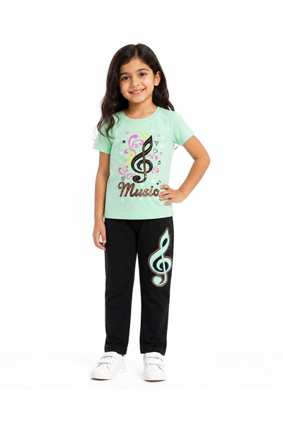 Generic Girls Casual Two-Piece Set Green T-Shirt and Black Pants with Music P...