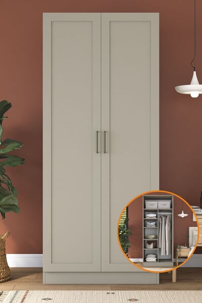 Rani Mobilya Rani BA308 Membran Kapaklı Gardırop 2 Kapaklı 5 Raflı Askılı Elb...
