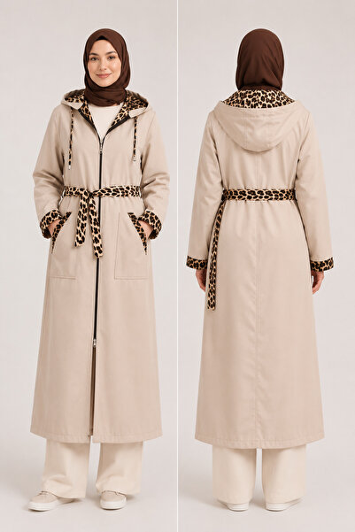 Trendline Women's Cream Leopard Detailed Pocketed Long Hijab Trench Coat