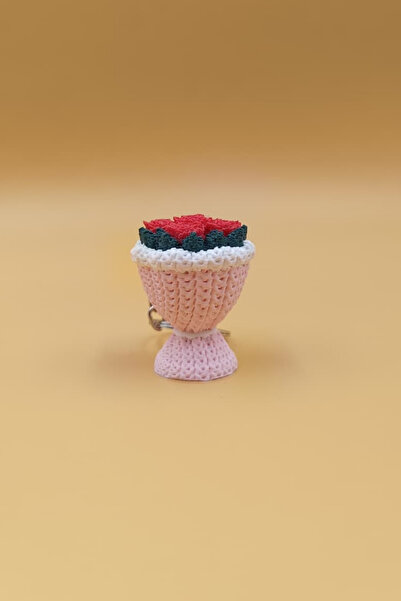 Rodopiva Knitted Patterned Red Rose Bouquet Keychain & Bag Ornament (Plastic) - Non-Fading Flower Romantic Gift