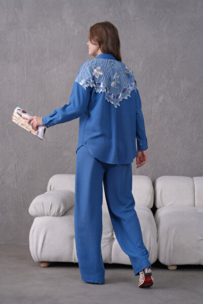 Moda Neval Women's Floral and Stone Embroidered Linen Shirt Set