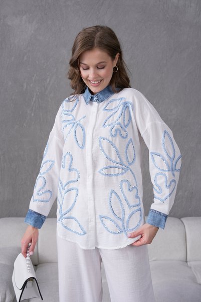 Moda Neval Women's Denim Detailed Linen Shirt Set