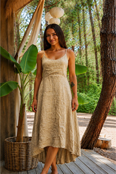 Miss Boheme Beige Color Italian Linen Dress with Short Front and Long Back an...