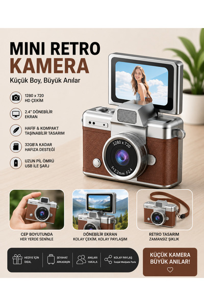 Kılıfsiparis Mini Retro Kamera Flaşlı Selfie Dönen Ekran Vlog Kamerası Anahta...