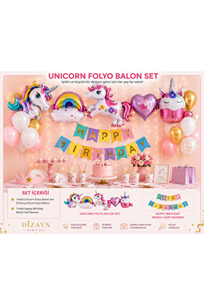 Dizayn Parti Evi Unicorn Folyo Balon Seti ve Happy Birthday / İYiki Doğdun Re...