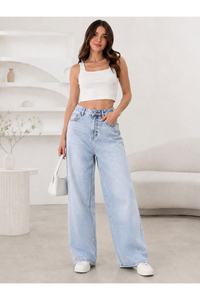 Parla Jeans Kadın Açık Kar Yıkama Mavi Yüksek Bel Wide Leg Bol Paça Palazzo J...