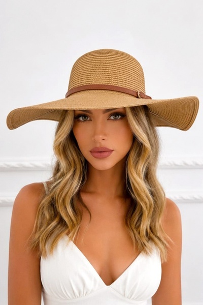 FashionForYou Beach hat with wide brim KASSYA and decorative strap, Beige
