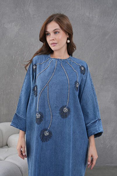 Moda Neval فستان جينز طويل مزين باللؤلؤ للنساء