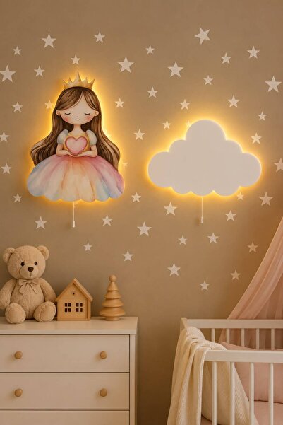 BugyBagy Ahşap 2'li Prenses Lamba Seti Yıldız Hediyeli Pilli LED Gece Lambala...