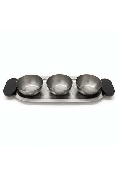 AKDC Luhpar Brushed Silver Stainless Steel Serving Tray with 3 Bowls & Black ...