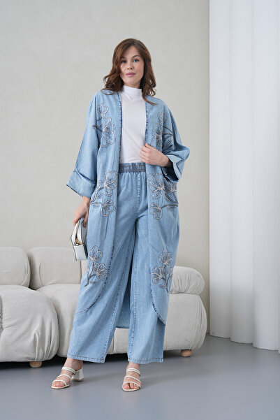 Moda Neval Kadın Boncuk İşlemeli Kot Kimono Hırka Takım