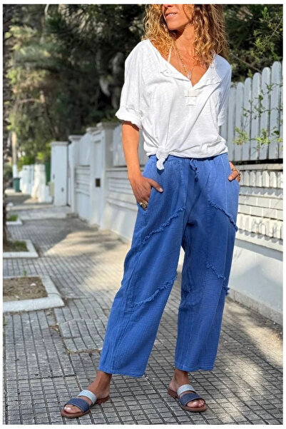 bysoca Women's Blue Linen Pocket Washed Bohemian Pinterest Loose Wide Leg Pan...
