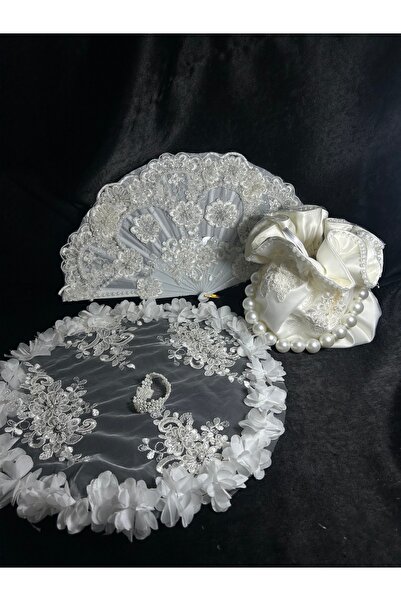 Bridal Luxe Vintage Lace and Pearl Bridal Fan Bridal Handbag and Handkerchief