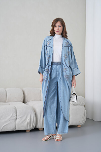 Moda Neval Women's Bat Sleeve Denim Kimono Cardigan and Denim Pants Top and B...