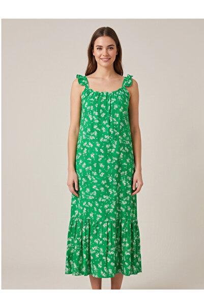 gökçesu Women's Strappy Patterned Summer Dress - Ruffle Detailed Strappy Midi...