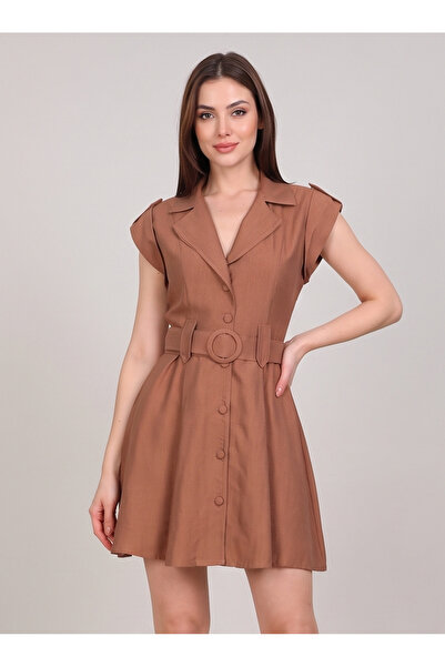 gökçesu Women's Linen Look Double-Breasted Collar Mini Dress - Belted and But...
