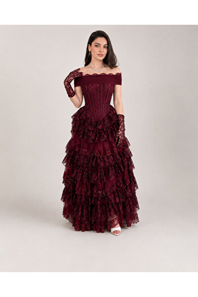 DVNA Luxurious Burgundy Evening Gown with Corset and Layered Lace Detailing