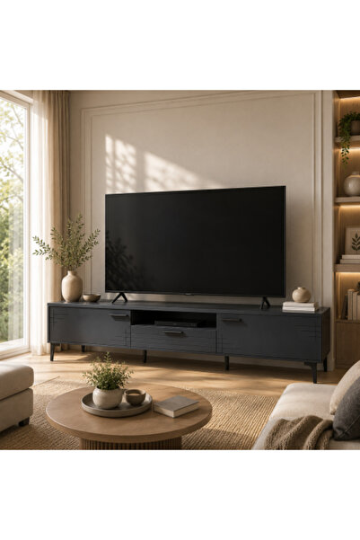 BAITY Malaysia Modern 180cm Tv Stand Dark Grey |   Mdf Wood Tv Unit with 2 Do...