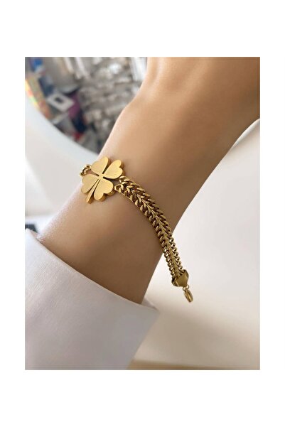 Haziran Accessory, Gold Extension Ring Steel Women's Bracelet with Clover, He...