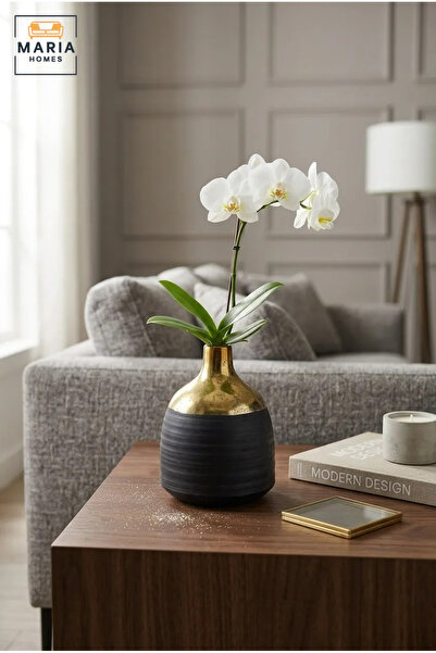 MARIA HOMES Modern Decorative Flower Vase with Gold-Tone Neck, Textured Round...