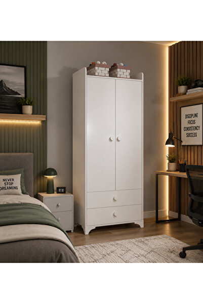 Moonra Home 2 Kapaklı Gardrop Genç Odası Dolabı Meşe Beyaz Gardrop
