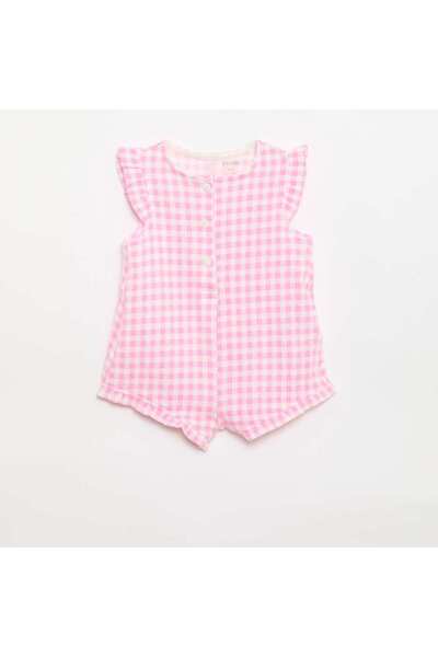 KIABI Cotton Jersey Romper Shorts with Ruffled Sleeves PINK