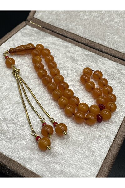 Onurlu Tesbihane Rodajlı Gold Gümüş Aksamlı Sıkma Kehribar Tespih – 10x10 mm | 32 gr