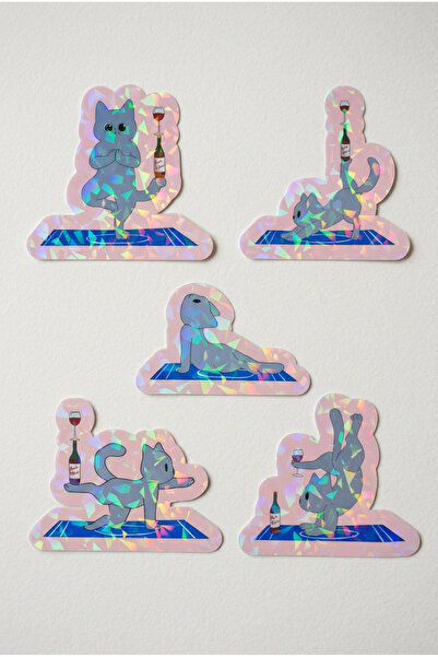 Plumie Hologramlı Laminasyonlu Yoga Kedileri Sticker Seti 5’li | Laptop, Deft...