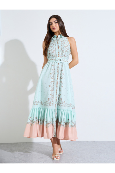 Styli Green Paisley Print Maxi Dress With Belt
