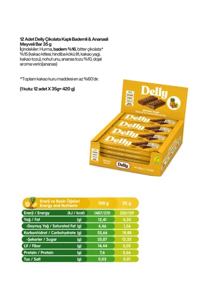 Delly Çikolata Kaplı Bademli & Ananaslı Meyveli Bar 12 Adet X 35g