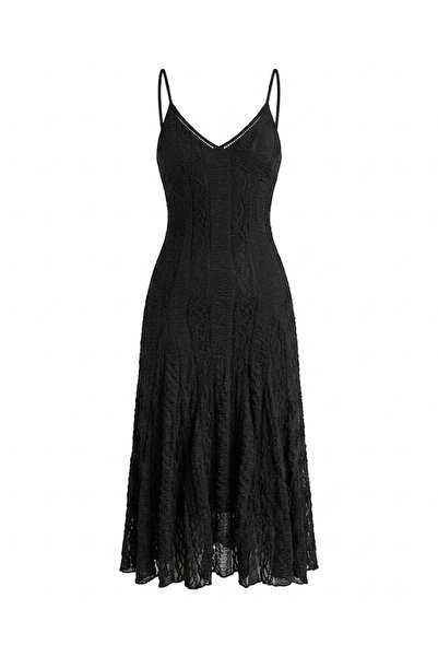 Crep V-Neck Wrap Dress with Rope Straps Black